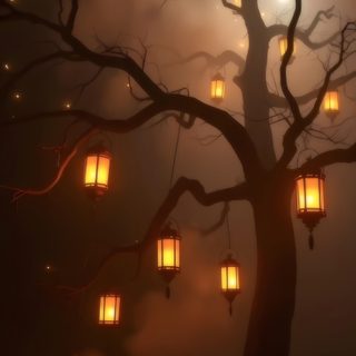 a tree with lanterns hanging from it's branches Halloween Tree Outdoor Halloween Parties, The Halloween Tree Gif, Floating Ghosts, Halloween Yard, black