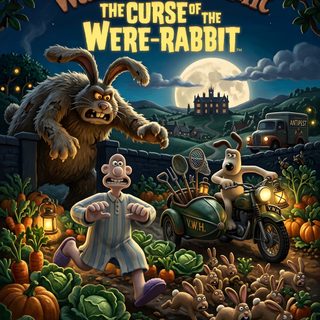 wallace and gromit the curse of the were - rabbit movie poster with characters Wallace And Gromit Halloween Background Peter Sallis, Clay Mation, Helena Bonham, dark slate gray