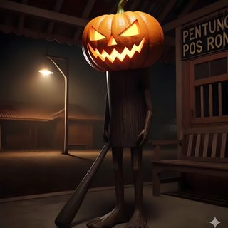 a pumpkin sitting on top of a wooden pole in front of a building at night 67 Halloween Brainrot Halloween, Halloween, black