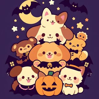 a group of cats and dogs with pumpkins Cute Halloween Dog Cartoon midnight blue