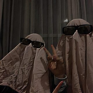 two people with their hands up in front of them, wearing glasses and covering them from the rain Halloween Bff Ghost Pics With Friends, Best Friend Pictures Ghost, Funny Ghost Pictures With Friends, dark slate gray