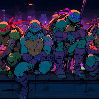 teenage mutant ninjas are sitting on a ledge in front of a cityscape Tmnt Halloween Tmnt Computer, Teenage Mutant Ninja Turtles, Ninja Turtle Background, midnight blue