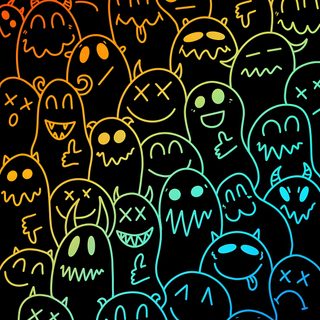 a group of neon colored ghost faces on a black background Neon Halloween Pattern Ghost Doodle, Ghost Doodle Pattern, Neon Ghost Drawing, Doodle Art Ghost, black