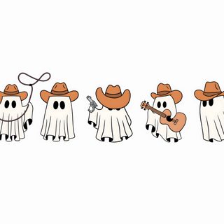 four cartoon ghostes wearing cowboy hats and holding guitars, one with a guitar in his hand Cowboy Halloween Western Halloween, Ghost With Cowboy Hat, Western Fall Designs, Western Ghost, white smoke
