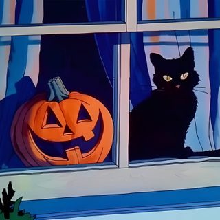 a black cat sitting on top of a window sill next to a jack o lantern Generic Halloween Cat Desktop Vintage Halloween Art, Under Your Spell, Season Of The Witch, dark slate blue