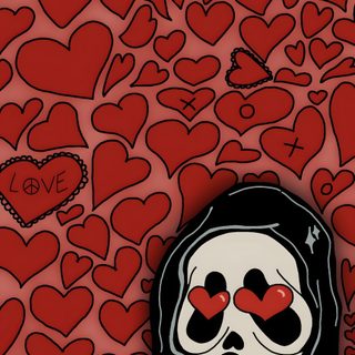 a person wearing a hoodie with hearts in the background Halloween Valentines Cute Ghost Face, Iphone Aesthetic Cute Ghostface, Cute Halloween Drawings, Skull, brown