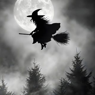 a black and white photo of a witch on her broom flying in front of the moon Halloween Witch For Bedroom Witch Riding A Broom, Broom Witch, Spooky Witch, dark slate gray