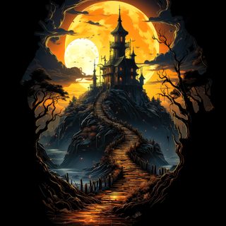 an image of a castle on top of a hill at night with the moon in the background Halloween Hill Spooky House On A Hill, Haunted House On A Hill, Haunted House Hill Drawing, black