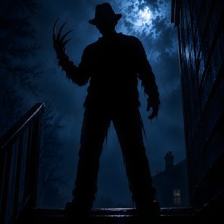 a man in costume standing on steps at night Halloween Freddy Kruger black