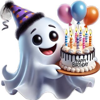 a ghost holding a birthday cake with candles on it and balloons in the air behind it Halloween Birthday Halloween Birthday Cake Images, Happy Birthday Halloween Image, Happy Birthday Boo Gif, light gray