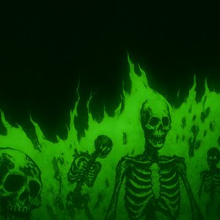 a group of skeletons standing in front of a green wall with fire coming from them Green Halloween Desktop Scary Green Background, Green Steam Backgrounds, Black And Green Pc,