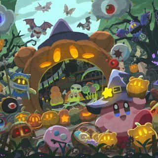 an image of a cartoon scene with many different things in the background and people standing around Kirby Halloween 4k Kirby Halloween Background, Kirby Halloween Background 4k, Kirby Halloween Theme, dark olive green