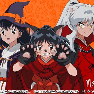 three anime characters posing for the camera with their hands in front of them and one holding a pumpkin Inuyasha Halloween Inuyasha Witch, Inuyasha Halloween, Inuyasha Christmas, Inuyasha Christmas Pfp, sienna