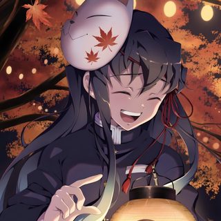 an anime character holding a lantern in front of a tree with lights on the branches Halloween Muichiro Halloween Muichiro, Muichiro Halloween, Muchiro, Cute Muichiro, dark slate gray