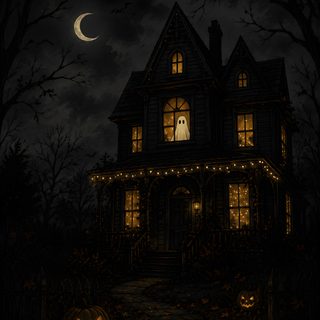 a creepy house with pumpkins in the yard and lights on it's windows Halloween House Ideas black