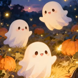 three little ghostes are in the grass surrounded by pumpkins with glowing lights on them Halloween Ghost For Nursery Cozy Spooky, Halloween Tumblr, Halloween Kawaii, Cute Halloween, sienna
