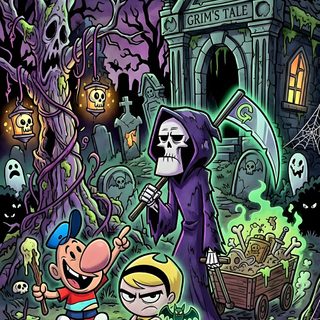 an image of cartoon characters in front of a graveyard Cartoon Network Halloween Tv Show Art, Billy Y Mandy, Grim Adventures, dark slate gray