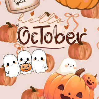 an image of a halloween themed background with pumpkins, ghost and other items on it October Preppy Halloween Halloween, Cute Halloween October, burlywood
