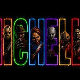 the word's name is spelled in neon colors with zombies on it and two clowns Halloween Name Brother Sister, black