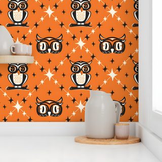 an orange wall with black and white owls on it Owl Argyle - Retro Halloween Orange peru
