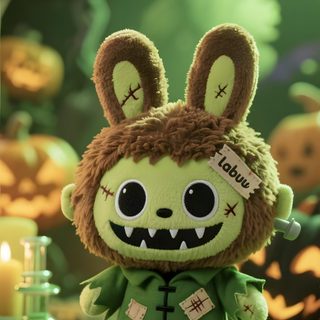 a stuffed animal is dressed up as a zombie with pumpkins and candles in the background Halloween Labubu Trendy Fashion Outfits, Halloween Gif, Projects To Try, Halloween, dark olive green