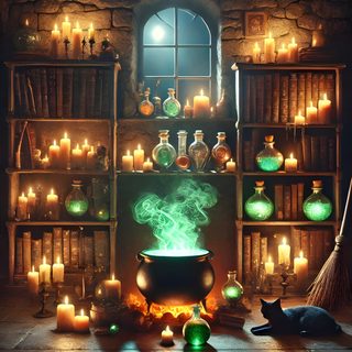 a witch's caulder with candles and other items in the background, surrounded by bookshelves Halloween Potion Halloween Potion Background Hd, Magical Halloween Background, Witches Lair Background, dark olive green