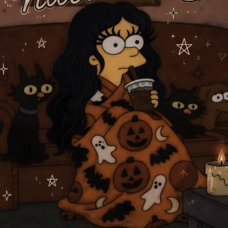 a woman sitting on a couch in front of a candle with cats around her and the caption that says happy halloween Halloween Girl Aesthetic black
