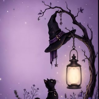 a black cat sitting under a lantern next to a tree with a witch hat on it Halloween Witch Cats Custom Halloween, slate gray