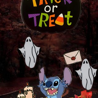 a trick or treat sign with cartoon characters and pumpkins on the ground in front of it Lock Screen Stitch Halloween black