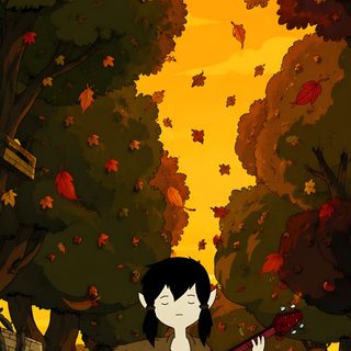 a woman sitting on the ground playing a guitar in front of trees with leaves all around her Halloween Adventure Time Adventure Time, maroon