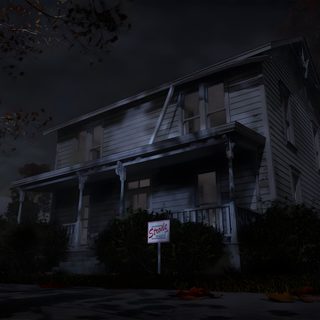 a creepy house with a ghost sign in front of it at night on a dark street Halloween The Game John Carpenter, Back In Time, Need To Know, Interview, Halloween, black