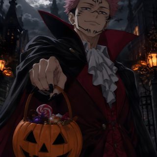 an anime character holding a pumpkin in front of a full moon and castle at night Sukuna Halloween black