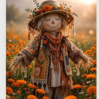 a scarecrow doll standing in a field of orange flowers with the sun behind it Halloween Scarecrow Fall Scarecrow Ideas, Autumn Scenery, Aesthetic Images, Scarecrow, Fall Decor, peru