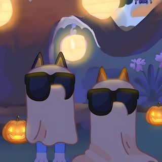 two cartoon cats wearing sunglasses with pumpkins in the background and lights hanging above them Bluey And Bingo Halloween dark slate blue