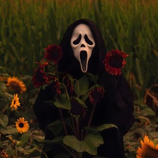 a person in a black mask with sunflowers and grass behind them is holding a white face Scream Edgy Aesthetic Halloween Photo Halloween, Halloween Iphone Backgrounds, Halloween Backgrounds, black