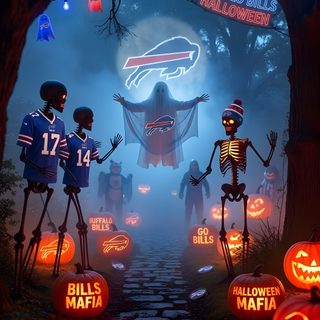 a group of skeletons with pumpkins in front of an entrance to a football stadium Buffalo Bills Halloween Halloween, dark slate gray
