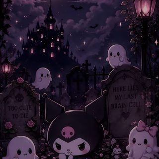 an image of halloween graveyard scene with tombstones and ghost characters in the night sky Kuromi Halloween Iphone black