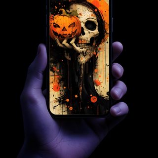 a person holding an iphone with a skull on it Modern Smartphone With Halloween Apple Iphone Halloween, Halloween Dynamic, Halloween Depth Effect, black