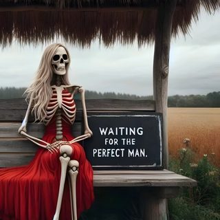 a skeleton sitting on a bench in front of a sign that says waiting for the perfect man Halloween Funny Funny Skeleton Humor, Waiting For The Perfect Man, Waiting For The Perfect Woman Meme, dark slate gray