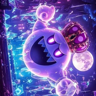 an animated character floating in the air with jellys all around him and his head glowing Nintendo Halloween King Boo Mario World, Boo Mario Bros, Halloween Mario, Gaming Purple, dark slate blue