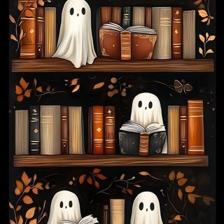 two bookshelves filled with books covered in ghost faces Halloween 2025 Iphone Image Halloween, Halloween Iphone Backgrounds, Halloween Backgrounds, Diy Gem, black