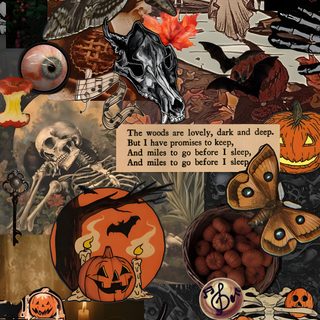 a collage of halloween themed items including dices, pumpkins and other decorations Halloween Junk dark olive green