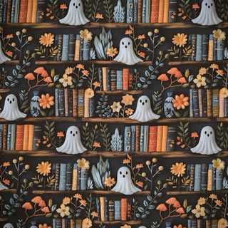 halloween bookshelves with ghost and flowers on them are featured in this wallpaper Halloween For Home Office Halloween Library, Spooky Bookshelf, Halloween Book, Spooky Book, dark slate gray