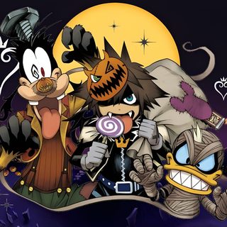 some cartoon characters are standing together in front of a full moon and pumpkin background with hearts Kingdom Hearts Halloween Goofy Kingdom Hearts, Kingdom Hearts, Image Dbz, Kingdom Hearts Fanart, black