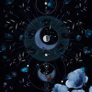 blue flowers are in front of a black background with an image of the moon and stars Hand Drawn Halloween Constellation Navy Astronomy Themed Design, Blue Astrology, Dark Blue Moon Pattern, black