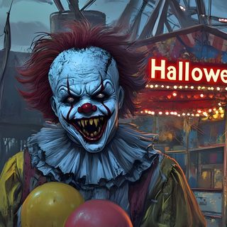 a creepy clown holding balloons in front of a carnival Wrecking Ball Halloween 4k Halloween Carnival, Cartoon Horror, Halloween Horror, dark slate gray