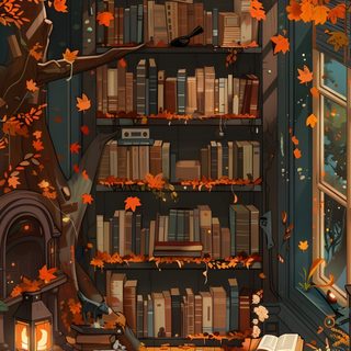 an image of a room with books on the shelves and leaves falling from the trees Halloween Bookshelf Iphone Autumn Library Decor, Cozy Autumn Library Scene, Cozy Reading Nook Fall, saddle brown