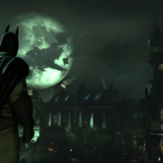 the dark knight stands in front of an old city at night with a full moon behind him Arkham Halloween Arkham Asylum Pictures, Batman Arkham Asylum Moon, Batman Arkham Asylum Stairs, black