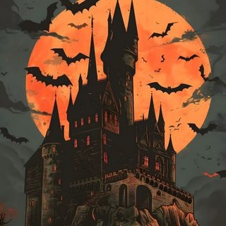 an image of a castle with bats flying over it Dracula Halloween Draculas Castle Illustration, Castle Vampire, Retro Horror Aesthetic, dark slate gray