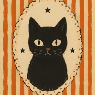 an image of a black cat with stars on it's head and stripes in the background Cute Retro Style Halloween Black Cats burlywood